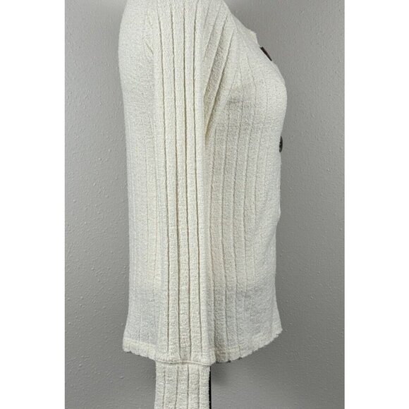 Ivory Ribbed Henley Long-Sleeve Sweater Womens Medium Button Detail Lightweight - Picture 4 of 15